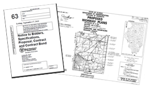 Screenshot of the cover of a notice to bidders flyer and a set of proposed highway plans