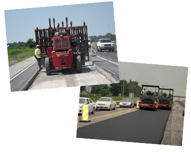 Flat rollers smoothing newly laid asphalt.