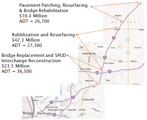 Map depicts three projects on I-55: a Pavement Patching, Resurfacing and Bridge Rehabilitation project valued at $10.4 Million on a stretch with an ADT of 26,700; a Rubblization and Resurfacing project valued at $42.3 Million on a segment with an ADT of 27,300; and a Bridge Replacement and SPUD Interchange Reconstruction project valued at $23.5 Million on a segment with an ADT of 36,500.