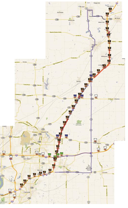 Map depicting a lengthy stretch of I-55 with the locations of each ITS device highlighted