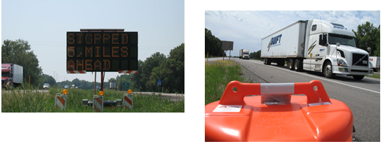 Two photos, one of a changeable message sign warning approaching traffic of delays ahead and one of an iCone speed detector.