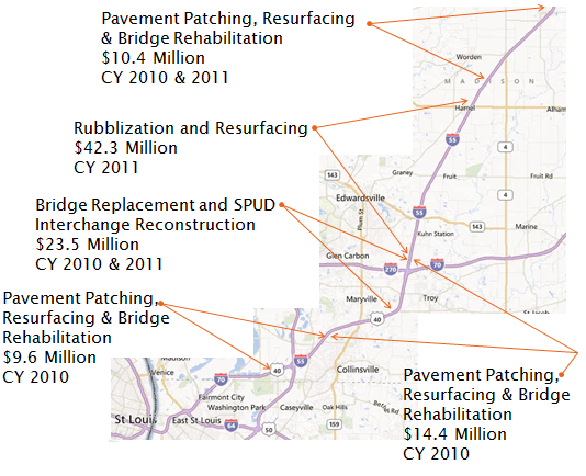 Map depicts five projects on I-55 including: two Pavement Patching, Resurfacing, and Bridge Rehabilitation projects valued at $10.4 Million and $14.4 million; a Rubblization and Resurfacing project valued at $42.3 Million; and two Bridge Replacement and SPUD Interchange Reconstruction projects valued at $23.5 Million each.