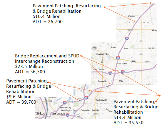 Map depicts five projects on I-55 including: three Pavement Patching, Resurfacing and Bridge Rehabilitation projects valued at $10.4 Million (at a location with an ADT of 26,700), $9.6 Million (at a loaction with an ADT of 39,700), and $14.4 Million at a location with an ADT of 35,550); and one Bridge Replacement and SPUD Interchange Reconstruction project valued at $23.5 Million (at a location with an ADT of 36,500.