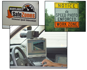 Colage of signs and symbos representing automated or technology assisted enforcement.