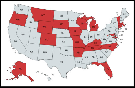 20 States that have responded: OR, MT, WY, CO, SD, IA, MO, AR, WI, MI, KY, TN, NC, FL, MD, CT, MA, VT, and AK.