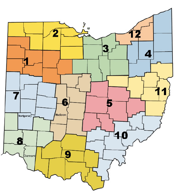 Map of Ohio with the 12 districts identified.