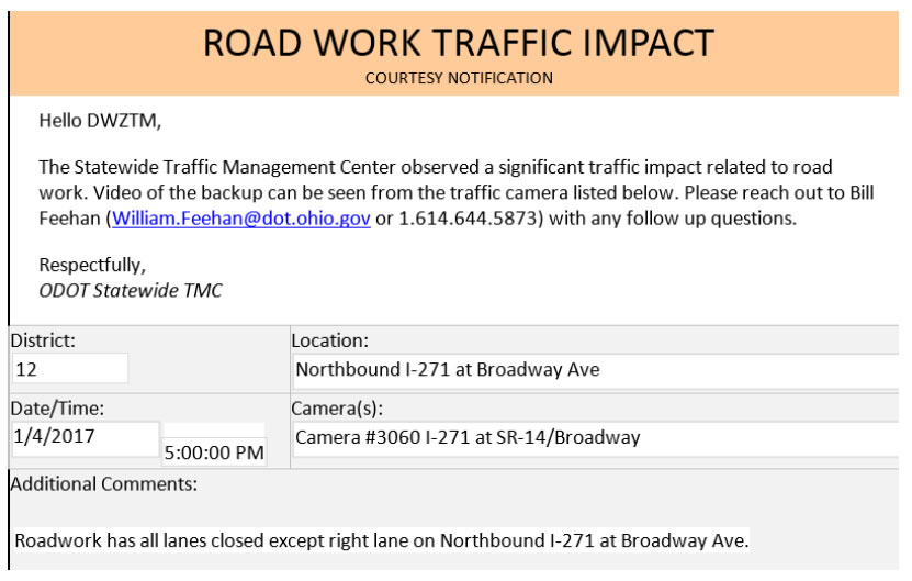 Road Work Traffic Impact courtesy notification. A notification that roadwork has all lanes closed except right lane on Northbound I-271 at Broadway Avenue.