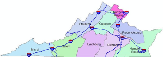 Map of Virginia with Interstates denoted.