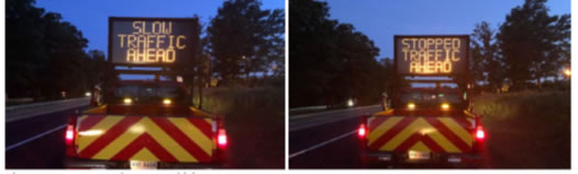 Two images are displayed. Both are at night and show the back of a road work truck with an electronic sign that reads "Slow Traffic Ahead". The truck on the left is nearer.