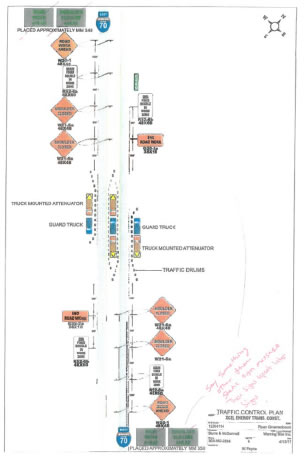 Continued traffic control plan for I-70.  this section shows where shoulders will be closed, where guard trucks will be placed, and where traffic drums will be put.