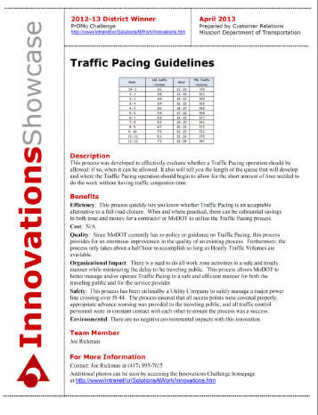 Innovations Showcase Bulletin.  Shows traffic pacing guidelines with description, benefits and contact information.