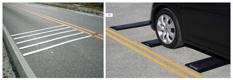 Two photos of different types of temporary raised rumble strips attached to the roadway.