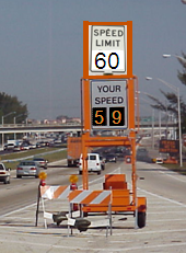 Photo of a radar speed display unit with a speed limit sign posted above it so that the driver can see what his actual speed is relative to the statutory limit.